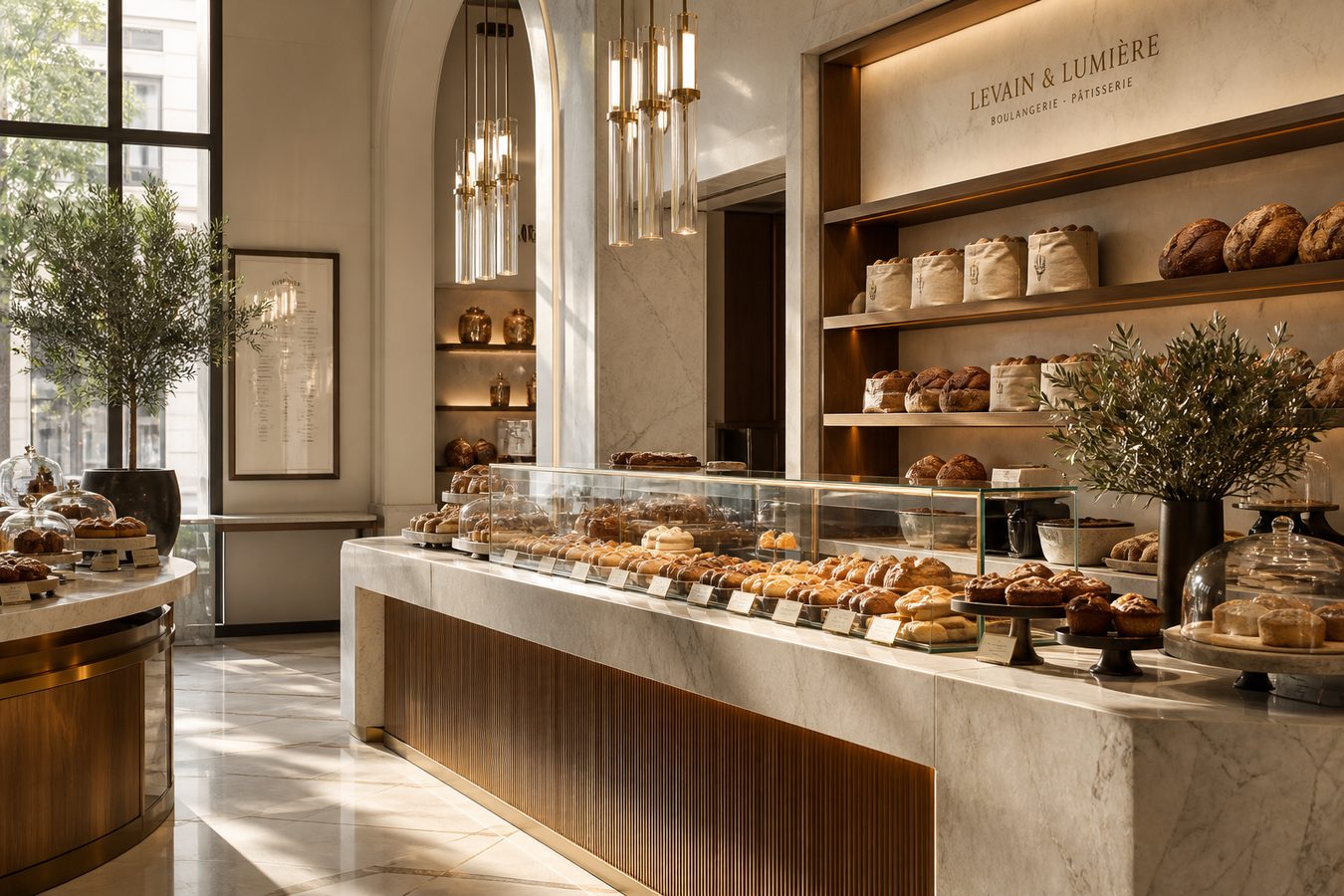 Refined bakery counter in morning light