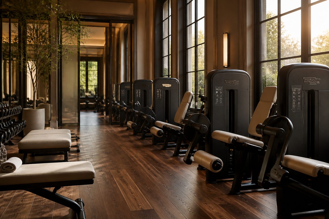 Boutique gym in walnut and morning light