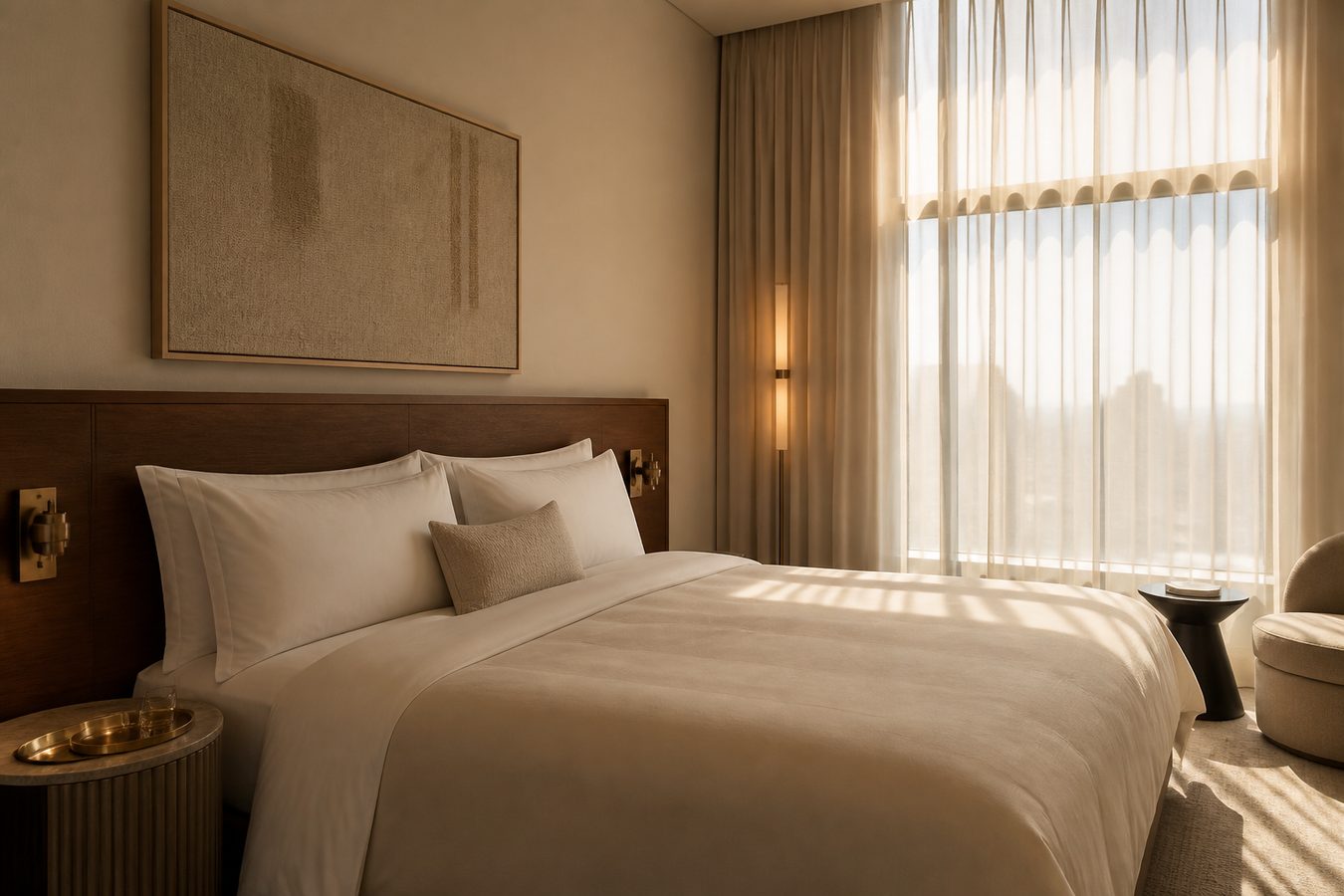 Hotel room in cream linen