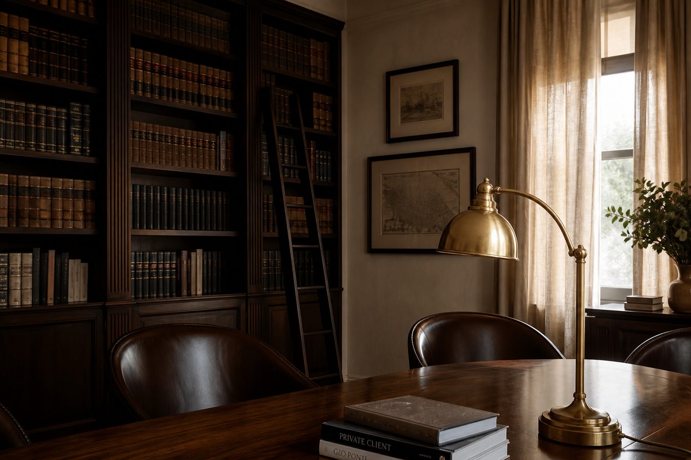 Law library in walnut and brass