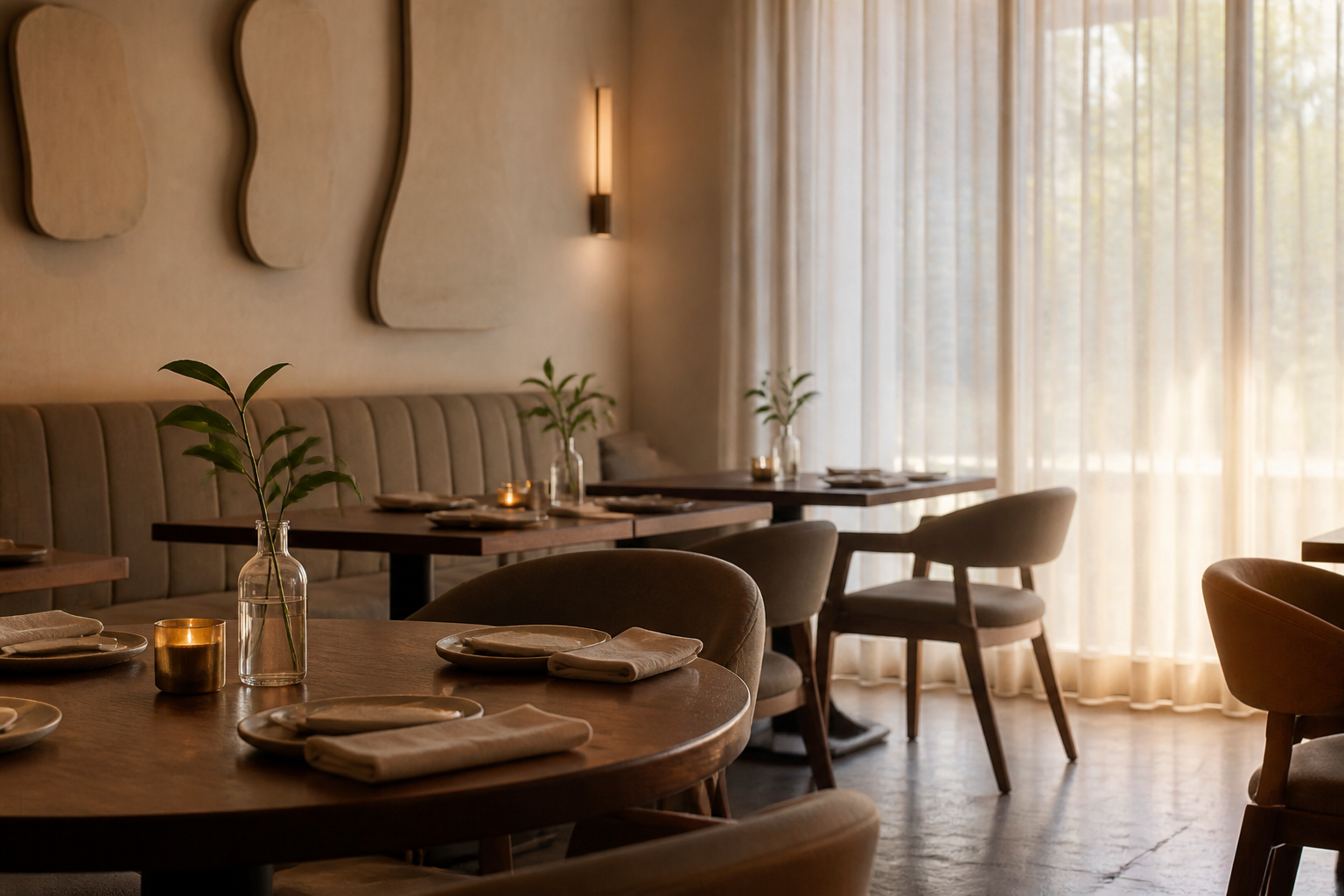 Restaurant dining room in linen and walnut