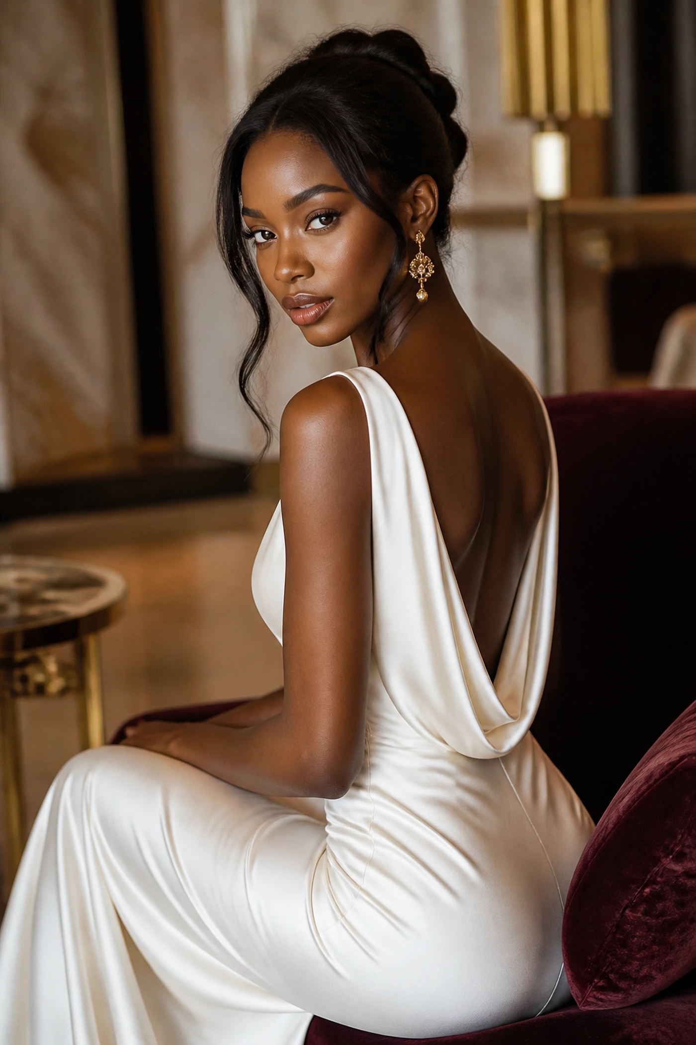 Her Aura editorial look — lady in cream silk