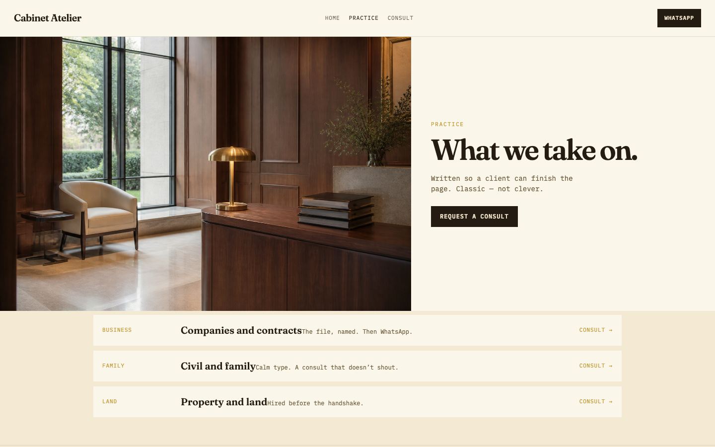 Cabinet Atelier practice page