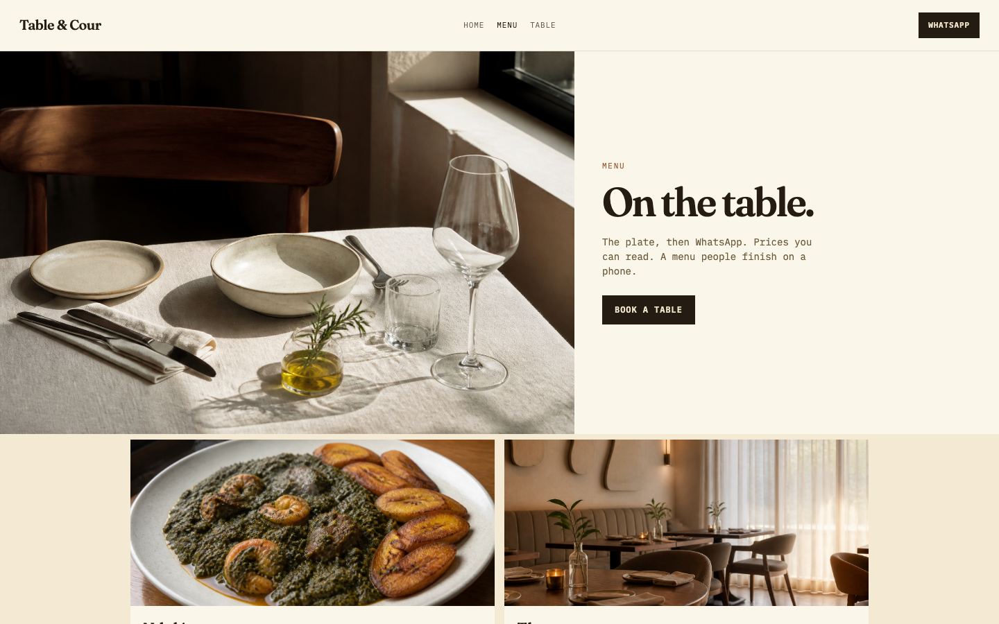 Table & Cour menu page