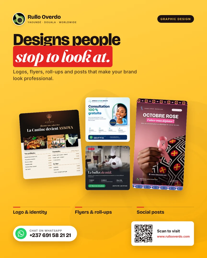 Graphic design flyer — ASSOYA menu, Africa Future Health post, First Bank post and Octobre Rose story