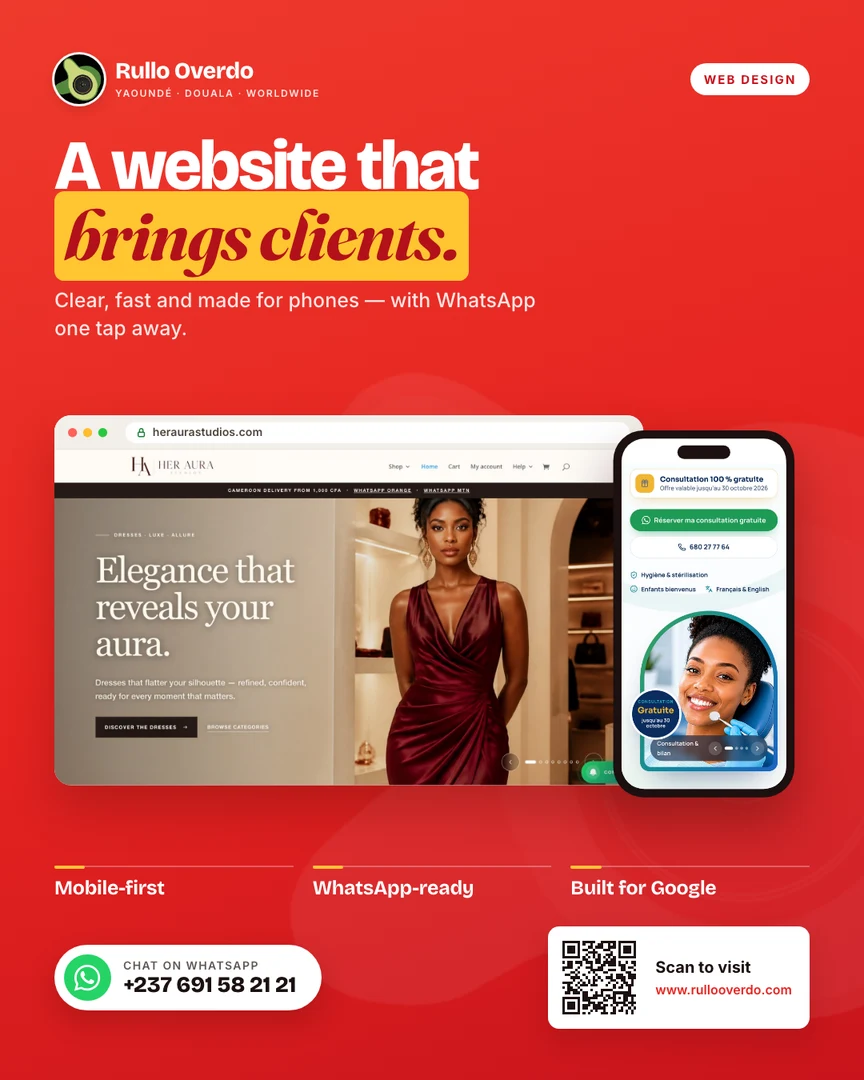 Web design flyer — heraurastudios.com in the browser, Africa Future Health on the phone