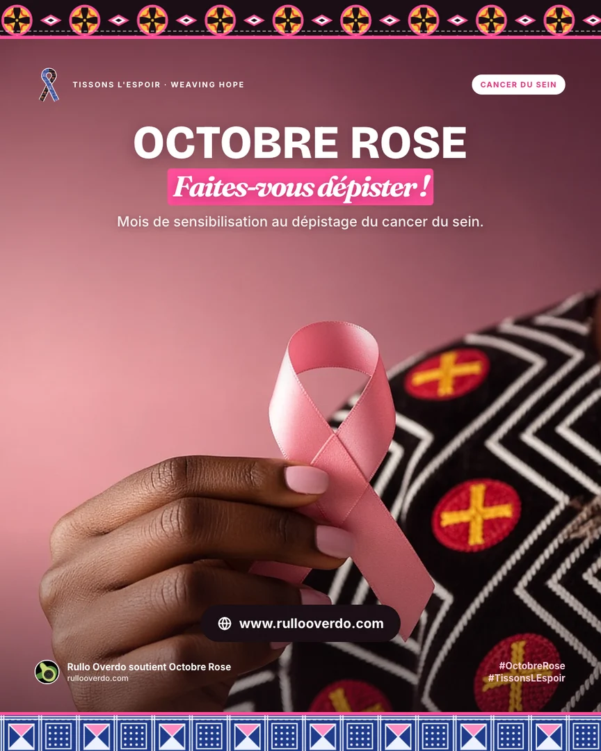 Octobre Rose flyer — Faites-vous dépister, a hand holding a pink ribbon over Toghu fabric