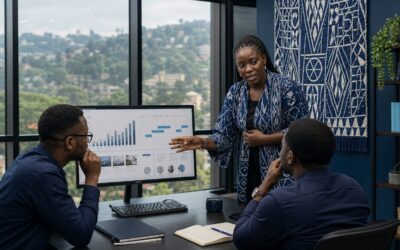 Cameroonian digital team reviewing monthly SEO growth in a Yaounde office